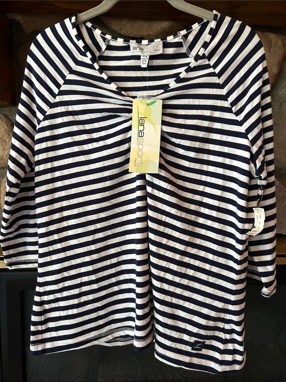 Lana Sport Women’s Navy and White Striped 3/4 Sleeve Tee, Size M, NWT